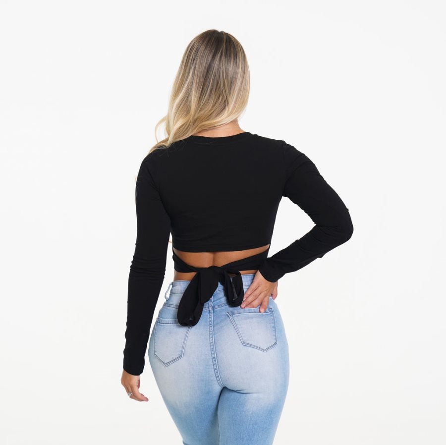 Black Women's NVGTN Wrap Around Long Sleeve Crop Tops Dubai | BWYC1gCf