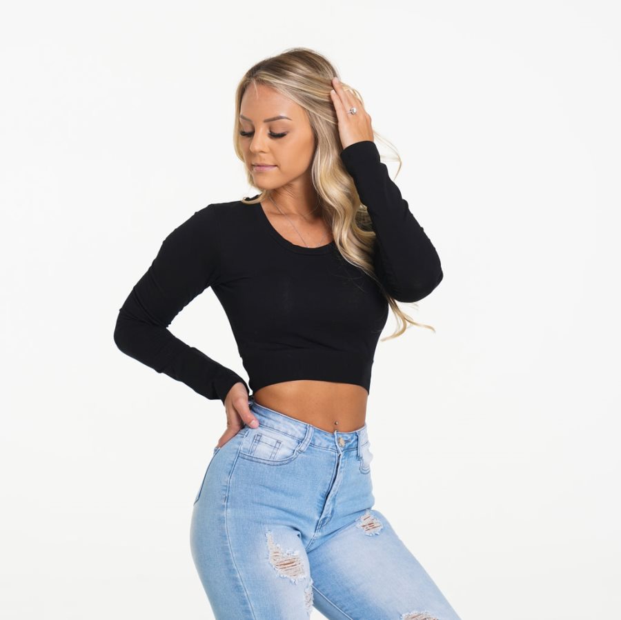 Black Women\'s NVGTN Wrap Around Long Sleeve Crop Tops Dubai | BWYC1gCf