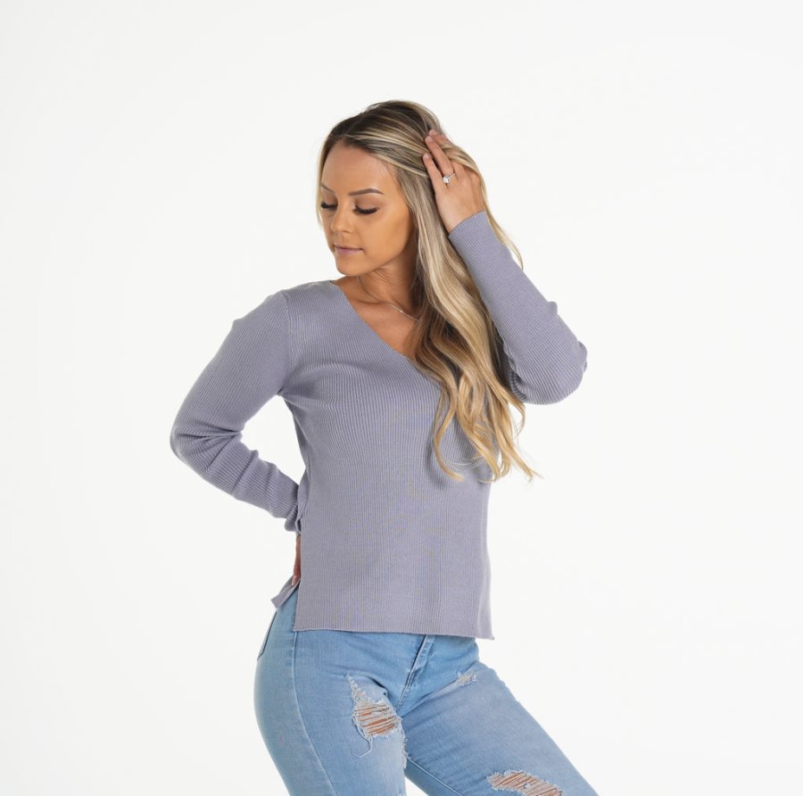 Grey Women's NVGTN Extra Sweet V Neck Sweaters Dubai | mo5Wbe93