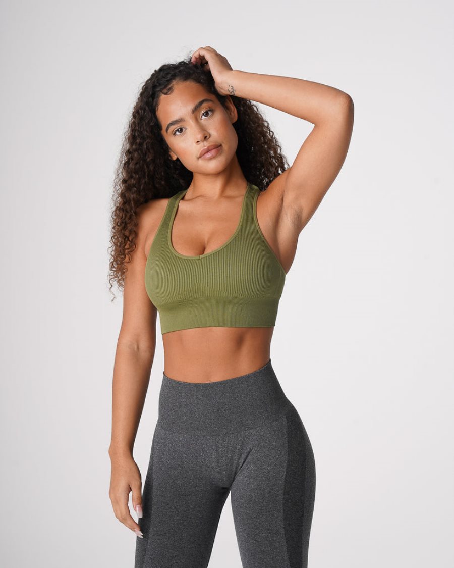 Khaki Green Women\'s NVGTN Galaxy Ribbed Seamless Sports Bra Dubai | jzTCbsZ1