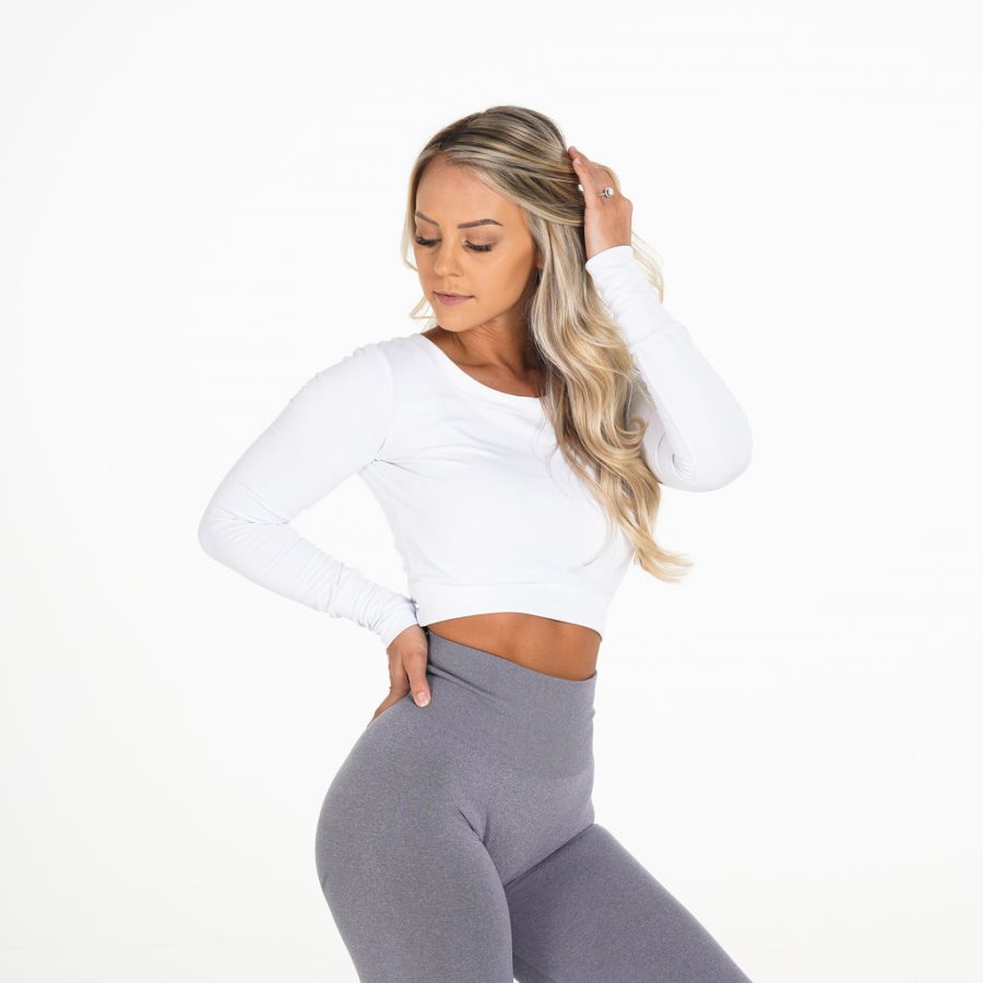 White Women's NVGTN Form Long Sleeve Crop Tops Dubai | kWU32ksM