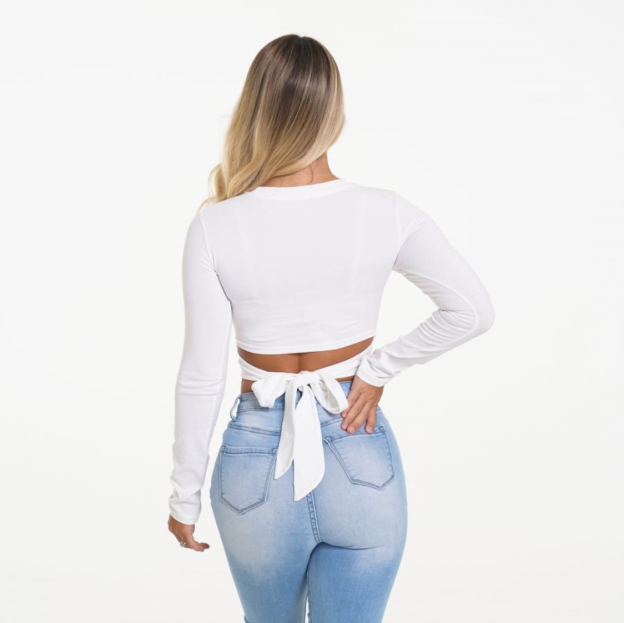 White Women's NVGTN Wrap Around Long Sleeve Crop Tops Dubai | HUYoDPor